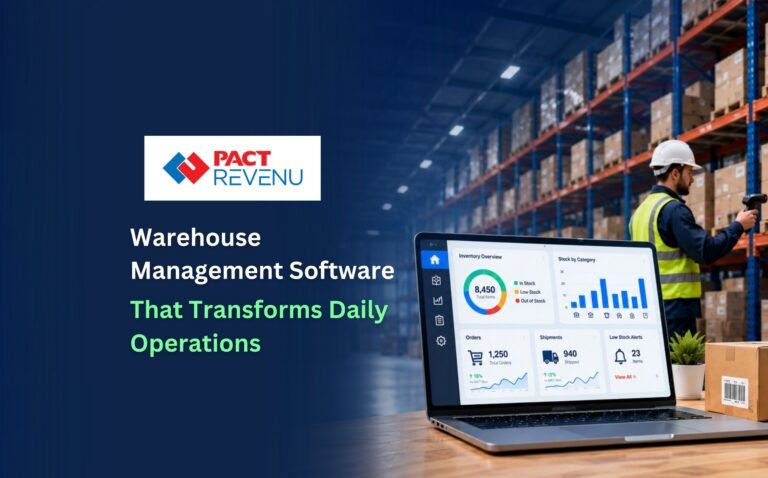 Warehouse management software dashboard displayed in a modern warehouse environment showing inventory tracking, stock management, logistics monitoring, and real-time operational analytics. PACT REVENU warehouse management solution helps businesses improve inventory accuracy, automate warehouse operations, optimize supply chain management, reduce manual errors, and increase productivity for enterprises in India, UAE, and Saudi Arabia. Modern digital warehouse system with smart inventory control and efficient storage management for growing businesses.